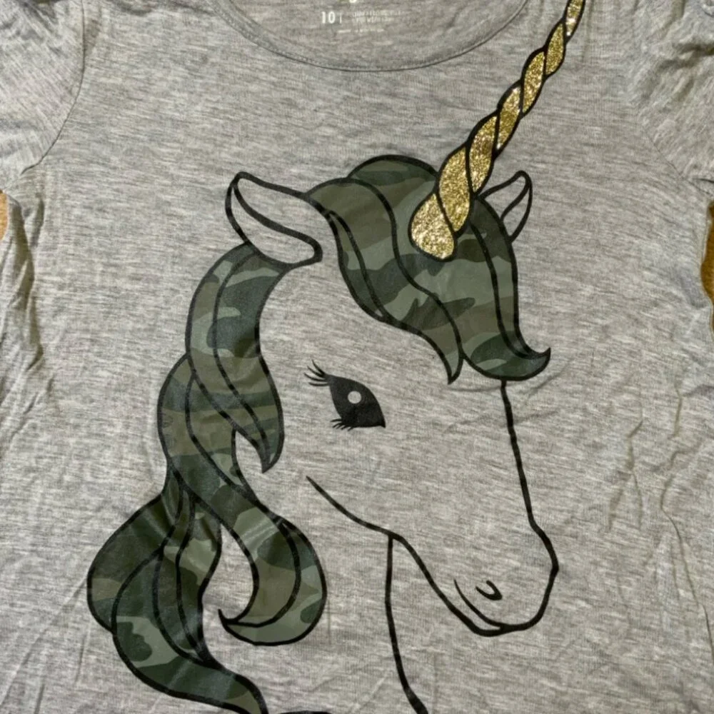Justice Girls 10 Heather Gray Camo Glitter Unicorn Long Sleeve Round Neck‎ Top